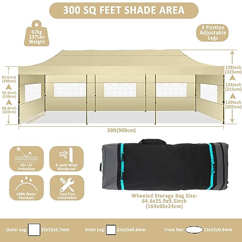 Image of COBIZI 10x30 Pop Up Canopy Tent,Heavy Duty Canopy(Khaki with 8 Sidewalls)