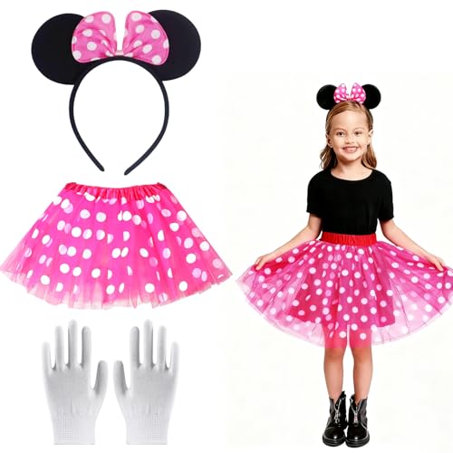 Snyvpra Mädchen Maus Kostüm Set Kinder Mäuschen Rot Rosa Tutu weiß Gepunktet Haarreifen Maus Ohren Schleife plus weiße Handschuhe für Halloween Fasching Karneval Cosplay Party
