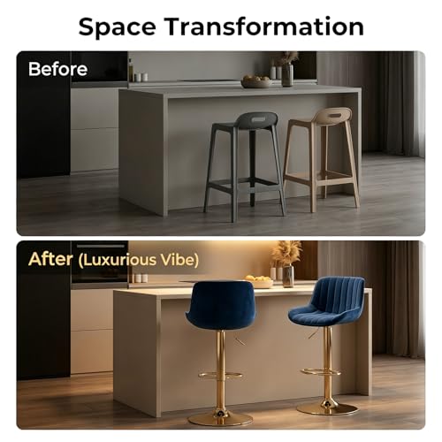 Image of ECHINGLE Velvet Bar Stools Set of 4 - Swivel Counter Height Barstools with Back & Adjustable Height, Modern Gold Kitchen Island Stools for Bar, Armless Pub Stools, Soft Blue Upholstered Seating