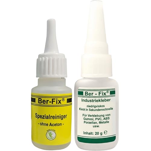 Ber-Fix Industriekleber 20 g + Spezialreiniger 20 ml – Sekundenkleber dünnflüssig, kapillar – Komplett-Set für sauberes Arbeiten