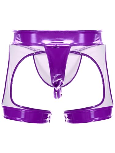 renvena Men's Latex PVC Faux Leather Shorts Removable Bulge Pouch Zipper Thong with Legs Bands4