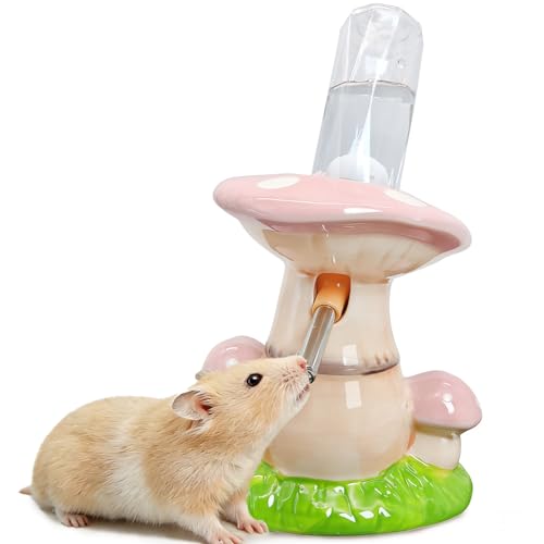 BNOSDM Hamster Water Bottle No Drip Ceramic Hamster Water Bottle for Glass Tank - 80ML Water Dispenser with Mushroom Stand Holder for Syrian Hamsters, Dwarf Hamsters, Mice, Gerbils (Pink)