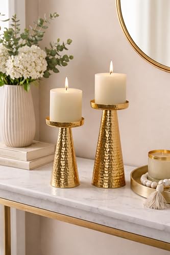 Image of ππππ πππππππππππππ Hammered Pillar Candle Holder Stand, Brass Gold Finish, Handcrafted by Artisans, Modern Home Decor for Living Room, Anniversary, Wedding, Diwali & Christmas Gift