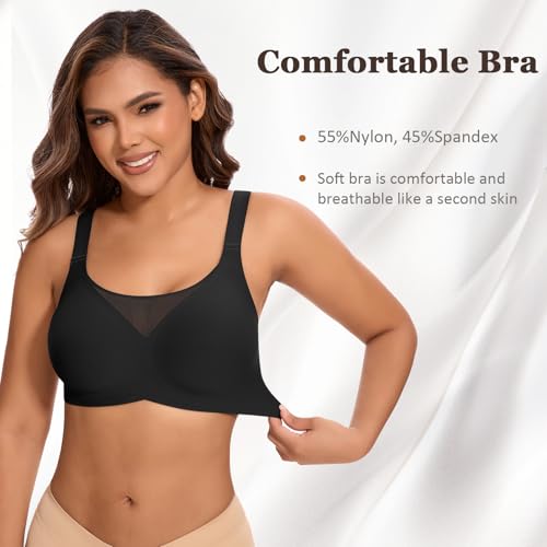 Cavotor Non Wired Bras for Women Seamless Push Up Bra T Shirt Soft Comfort Support Bras for Saggy Breasts Lace Wireless Bralettes with Bra Extender (Black,L) - Image 3