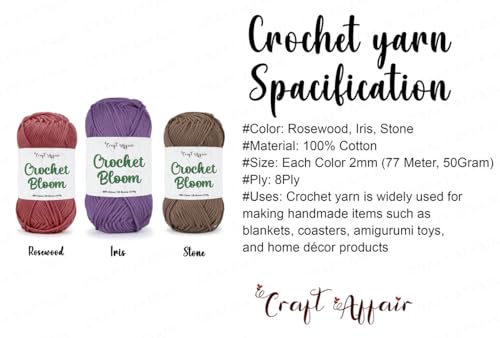 Image of Craft Affair | Crochet Bloom Cotton Yarn 8ply (Each Color 2mm, 77Meter, 50Gram) 100% Pure Cotton | for Knitting Yarn | Craft & DIY Project: Rosewood, Iris, Stone