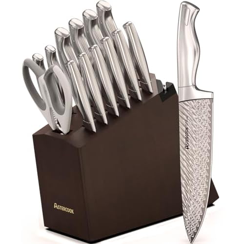 Knife Set, Astercook 15 Pcs Knife Sets for Kitchen with Block, Dishwasher Safe Kitchen Knife Set with Built-in Sharpener, German Stainless Steel Knife
