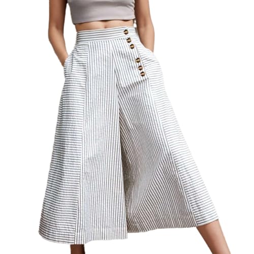 TIAFORD Striped Linen Pants Women Casual Loose Button High Waisted Wide Leg Trousers with Pockets Baggy Cropped Pants