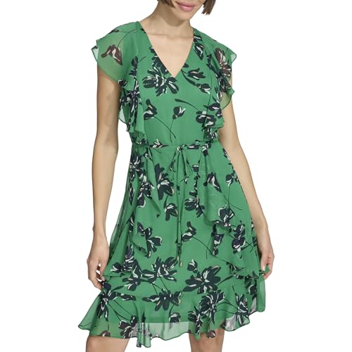 Image of Tommy Hilfiger Women's Sleeveless V-Neck Ruffle Trim Tie Waist Chiffon Mini Dress