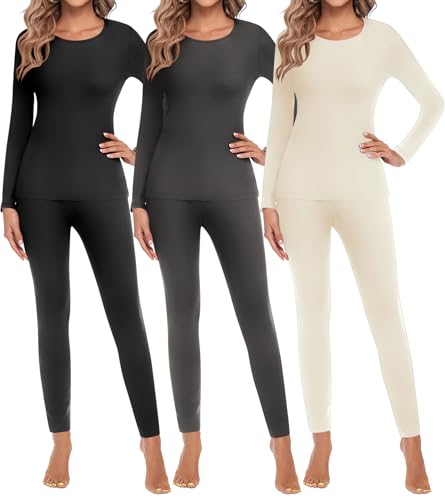 Ekouaer 3 Sets Thermal Underwear for Women Long Johns Long Sleeve Base Layer for Cold Weather S-XXL