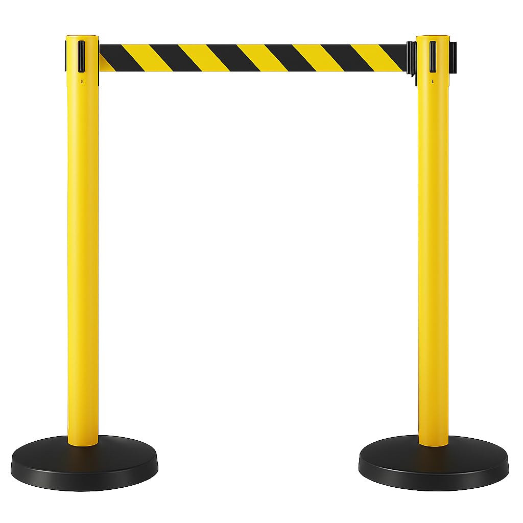 Lot de 2 barrières de ceinture rétractables de 3 m – Poteau en acier robuste pour le contrôle des files d'attente et de la foule – Barrière de sécurité rétractable autoportante durable (poteau jaune