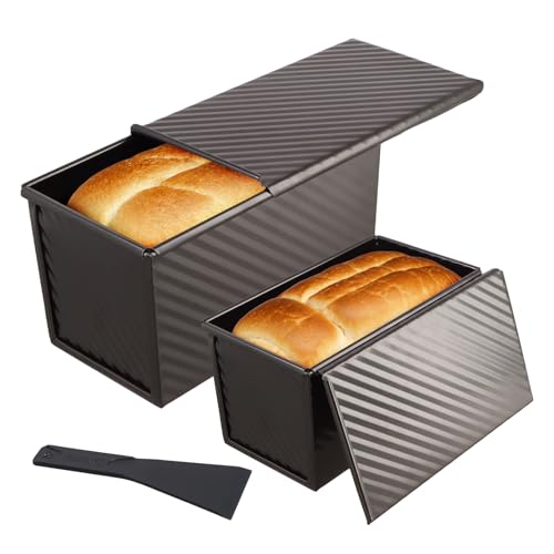 Mapille 2 piezas Molde pan con tapa, Acero carbono Antiadherente molde rectangular reposteria con orificios de ventilación y raspador, Resistente al calor hasta 220°C moldes para pan, Negro