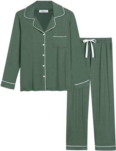 Image of Cherrydew Women Bamboo Viscose Pajama Sets Super Soft Comfy Breathable Cooling Sleepwear Long Sleeve Button Down Loungewear