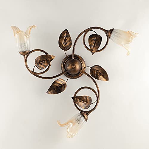 Generico Plafoniera da soffitto in ferro battuto classico marrone e oro con vetri di Murano, 3 luci, E14, Diametro 59 cm, Altezza 20 cm, per camera da letto
