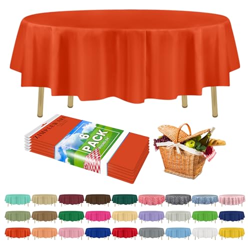 ZIMPLEWARE Nappe Ronde en Plastique jetable Orange Haut de Gamme (Lot de 6), 213 cm de diamètre, parfaites pour Toute Table Jusqu’à 1,8 m de diamètre,...