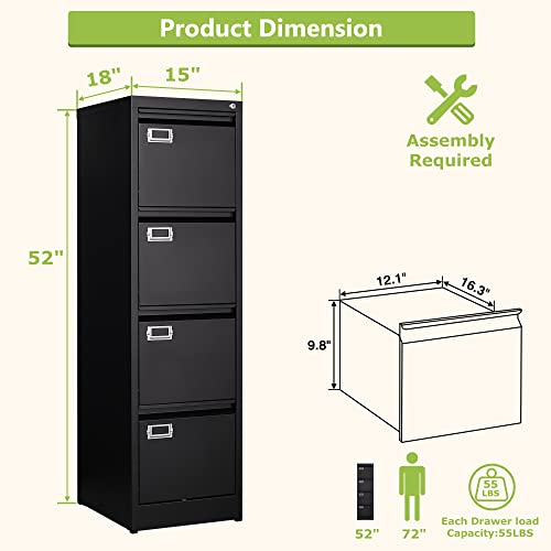 Afaif 4 Drawer File Cabinet With Lock, Office File Cabinets For Home Office,18" Deep Metal Narrow Vertical Filing Cabinet, Black File Cabinet Office Storage Cabinet Organizer Fits Letter/Legal Size #TOP2