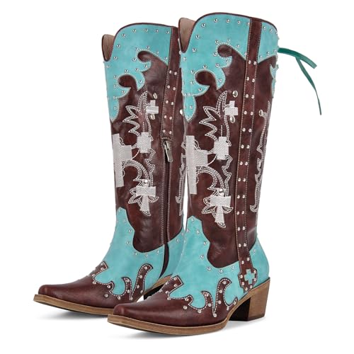 sexytag Embroidered Cowboy Boots Knee High Studded Two-Tone Pathwork Cowgirl Boots Wide Calf Low Heel Pointed Toe Side Zipper Back Lace Up Western Boot2