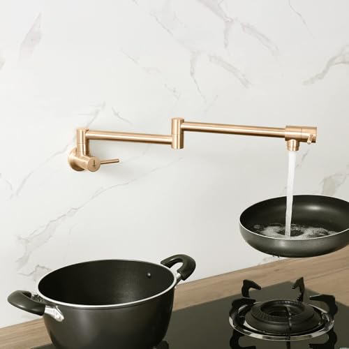 Image of Aquieen Wall Mounted Pot Filler Kitchen Faucet | Premium Brass Construction | Dual Valve Double Joint Swing Arm | 360 Rotating Folding Tap | Leak-Proof Ceramic Cartridge | Brushed Rose Gold