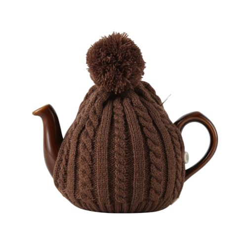Image of One-Piece Cable Knit Teapot Cozy with Pom Pom Top, Acrylic Insulated Tea Pot Cover with 2 Button Fasteners & Lid Opening, British Style Hot Cold Insulator for 2 Cup 15-20oz Teapots,brown