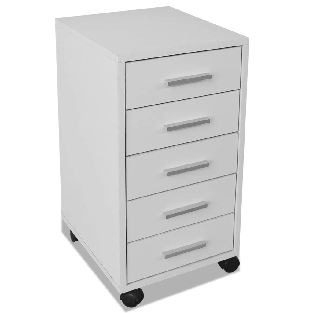 Pratico cassettiera per materiali da ufficio con 5 cassetti, armadietto con maniglie in alluminio per ufficio, moderno contenitore arrotolabile per organizzazione ufficio su 4