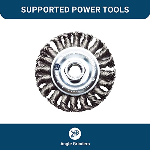 Image of Benchmark Abrasives 5 inch x 1 /4 inch Stringer Bead Wire Wheel with 5 /8 inch-11 Thread, for Weld Cleaning, Weld Spatter Removal, Stripping, Deburring, Use with Angle Grinders - (5 inch x 1 /4 inch, Stainless) (Stainless)