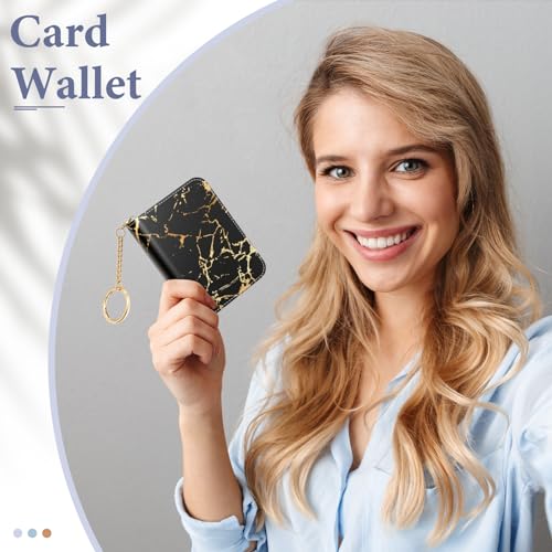 Image of Credit Card Holder RFID Wallet for Women, Small Leather Card Organizer Case with Zipper and Keychain, Black Gold Marble