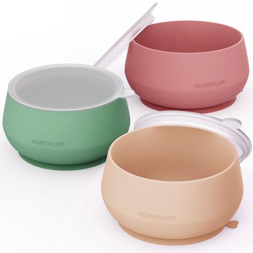 Image of NumNum Suction Bowls for Babies & Toddlers, Extra Strong Non-Slip Suction, 100% Food-Grade Silicone, BPA-Free, Microwave & Dishwasher Safe, Baby-Led Weaning Bowl, 3-Pack With Lid, Beige/Green/Mauve