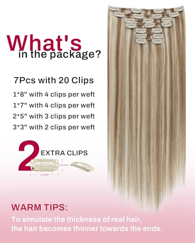 Image of Moresoo Clip in Hair Extensions Brown Blonde Highlights Full Look 16 inch | Human hair clip in extensions, caramel blonde highlights, 135g 7pcs, warm brunette dimension for party-ready styling