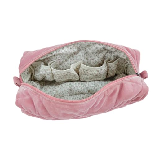 Hushee Pink Velvet Makeup Bag Large Capacity Quilted Floral Cosmetic Bag for Women Cute Travel Zipper Toiletry Pouch Preppy Hair Tools Organizer Purse Clutch, 13.4
