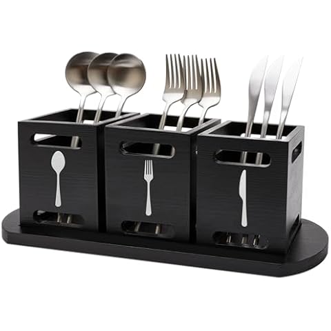 Ayiaren Wooden Cutlery Silverware Holder Flatware Utensil Caddy with Wood Tray Black Kitchen Utensil Holder for Party Wood Silverware Organizer Caddy for Countertop Table Spoon Knife and Fork Holder Cover