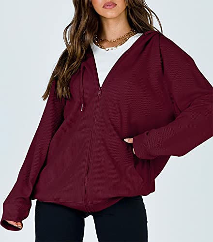 Cowasto Women Christmas Full Zip Up Hoodie Jacket Long Sleeve Solid Zipper Sweatshirt Wine Red #TOP1