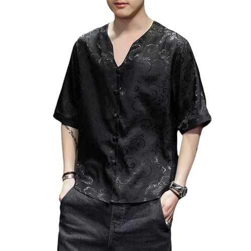 Chemise style chinois rétro à manches courtes pour homme avec dragon brodé noir oriental