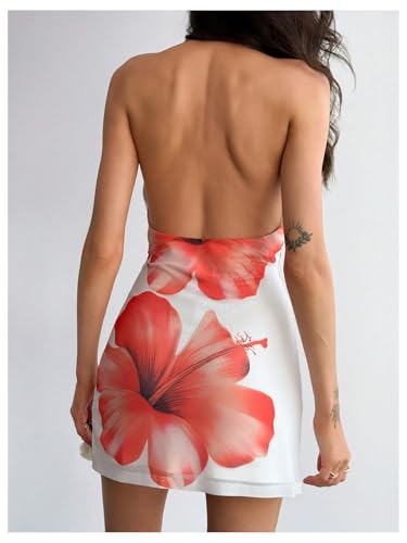 Milumia Women's Floral Mesh Draped Halter Mini Dress Sexy Deep V Neck Backless Short Dress3