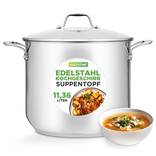 NutriChef Kochtopf Groß, 11,5L- Ø 26cm, Suppentopf Edelstahl Induktion für Alle Herdarten Geeignet, Kochtopf inkl. Glasdeckel, Hitzebeständig bis 260 °C, Spülmaschine & Backofengeeignet