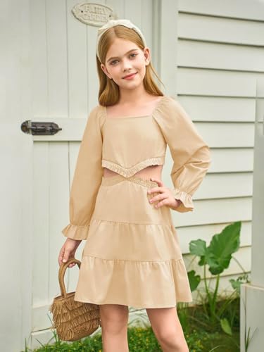 Haloumoning Girls Dresses Long Sleeve Square Neck Crossover Waist Casual A-Line Fall Dress 5-14Y4