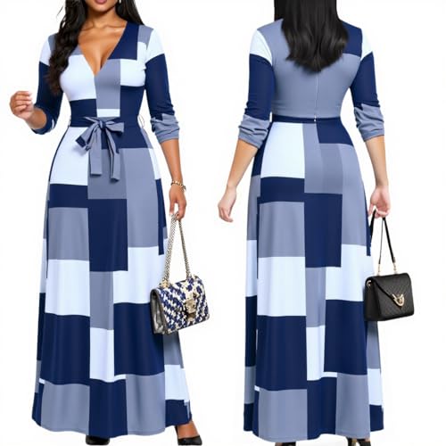 Image of Women's Church Maxi Wrap V Neck 3 /4 Sleeve Tie Waist Plus Size Long Dress | Flattering wrap V-neck design enhances curves. High elastic tie waist accentuates the slimmest part, hides tummy.