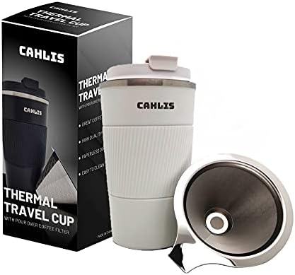 Pour Over Coffee Maker for Travel - all-in-one Travel Coffee Maker and Thermal Cup - One Cup Pour Over Coffee Maker with Vacuum Insulated Stainless Steel Cup and Paperless Filter Dripper (White, 20 oz)