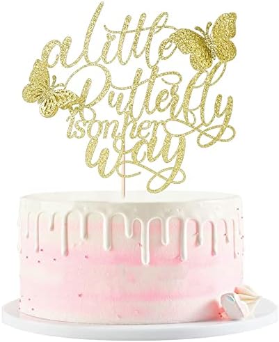 Kaoenla A Little Butterfly Is On Her Way Cake Topper - Pregnancy Announcement, Gender Reveal, Baby Shower, Newborn Welcome, Butterfly Themed Party Decorations (Gold)
