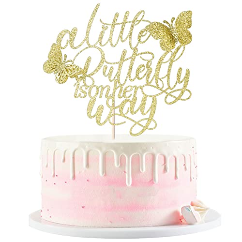 Kaoenla A Little Butterfly Is On Her Way Cake Topper - Pregnancy Announcement, Gender Reveal, Baby Shower, Newborn Welcome, Butterfly Themed Party Decorations (Gold) #TOP1