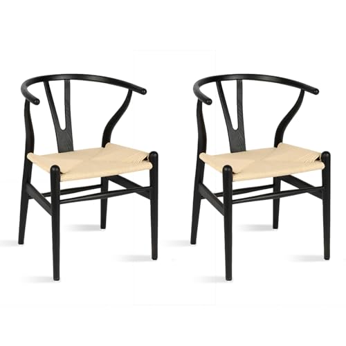 Polynices Wishbone Chair Weave Modern Solid Wood Mid-Century Y Shaped Backrest Dining Chair (Black + Natural Set of 2)