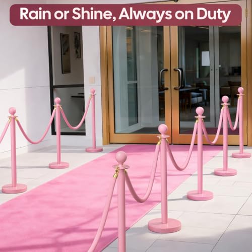 Image of 4 Pack Pink Stanchions and Velvet Ropes Set, Stainless Steel Crowd Control Barriers, 3Pcs Pink Ropes and Poles for Party Supplies,Prom,Birthday,Business,Wedding,Baby Shower, Bridal Shower,Anniversary