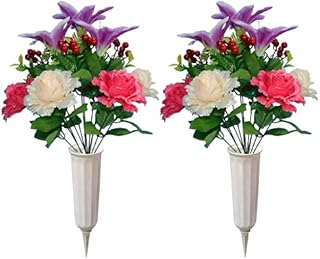 Artificial Graveyard Flower with vase, Flowers for Cemetery, Memorial Flowers, Perfect Gravestone Decorations for Cemetery (2)