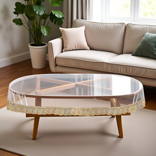 Image of The Furnishing Tree Oval Shaped Center Transparent Table Cover WxL 40x60 inches 0.25 mm Thickness with Golden Lace