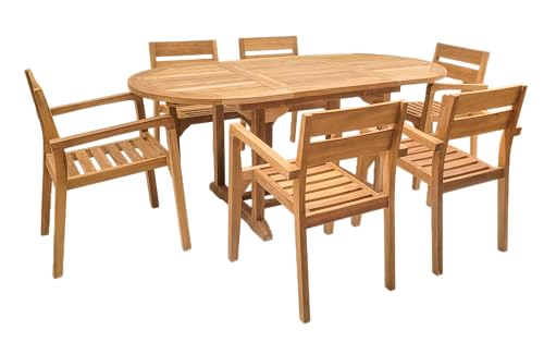 Endorphin Gartenmöbel Set Holz - 7-teilig - unbehandeltes Teakholz - 1 Tisch + 6 Stühle stapelbar - Gartentisch Wetterfest für Außen - Gartengarnitur Set mit Ausziehtisch