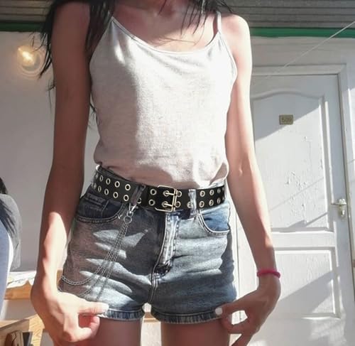 SONNYX Double Grommet Leather Belt with Detachable Chain for Women Men Punk Black Belt with Double Studded Holes3