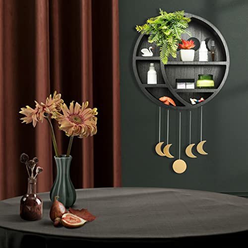 8Pcs Black Moon Shelf With Plants, 5Hanging Moons And Swam|14”Crescent Moon Shelf For Crystals Stone, Essential Oil, Plant And Art| Crystal Holder Farmhouse Shelves, Wooden Hanging Floating Shelves #TOP1