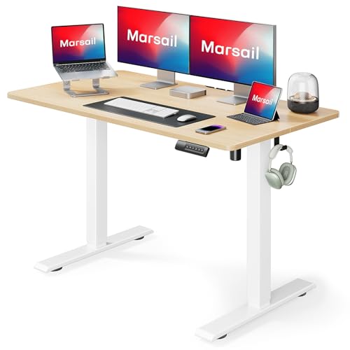 Marsail Electric Standing Desk Adjustable Height, 48 * 24 Inch Sit Stand up Desk for Home Office Furniture Computer Desk with 3 Memory Presets, Headphone Hook, Light Maple