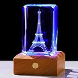 Arikyrist 3D Crystal Eiffel Tower Figurine Paris Gifts for Women, Laser Etched Eiffel Tower Decor with Wooden Light Base, Paris Themed Keepsakes France Souvenirs