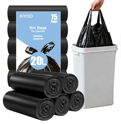 XIYOO Pedal Bin Bags 20L Bin Liners with Tie Handle 75 Counts Black Heavy-Duty Rubbish Bags Strong Plastic Trash Bags fit 15-18L Waste Bin