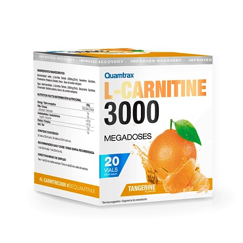 Quamtrax Nutrition - L-Carnitine 3000-20 viales - Quema grasa, energía natural y absorción rápida (20 viales, Mandarina)