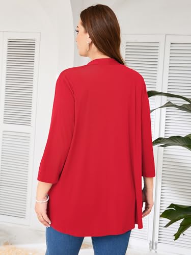 AusLook Women's Plus Size Lightweight Open Front Cardigan Bright Red 3X Causal 3/4 Sleeve Cover Ups Shrugs Tops Shawls and Wraps Kimono Jacket Coat — view 4